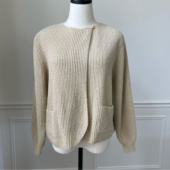 Vintage 80s Jacobson’s Boxy Crop Rib Cardigan Sweater Beige L - Picture 1 of 9